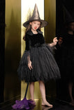 Sparkly Black Velvet Maniche Lunghe Halloween Girl Dress