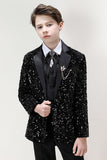 Sparkly Black Notched Rever Sequins Boys' 3-Piece Formal Suit Set