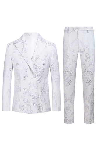 White Floral Jacquard Peak Rever Men Prom Suits