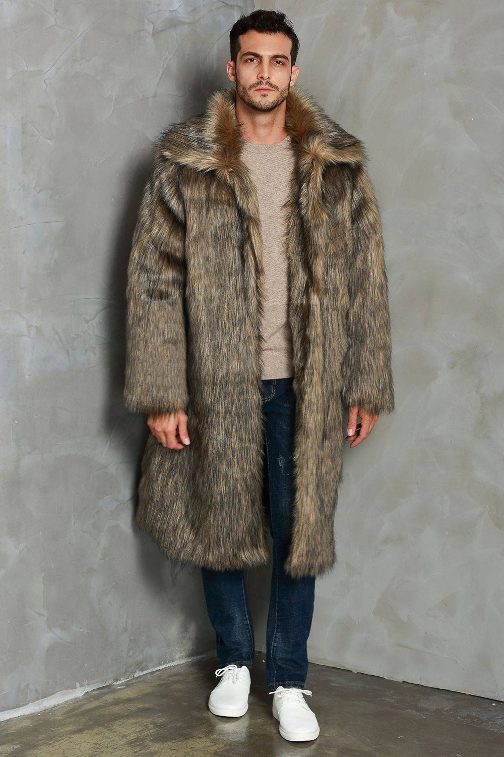 Cappotto da uomo lungo in pelliccia sintetica con collo a bavero marrone