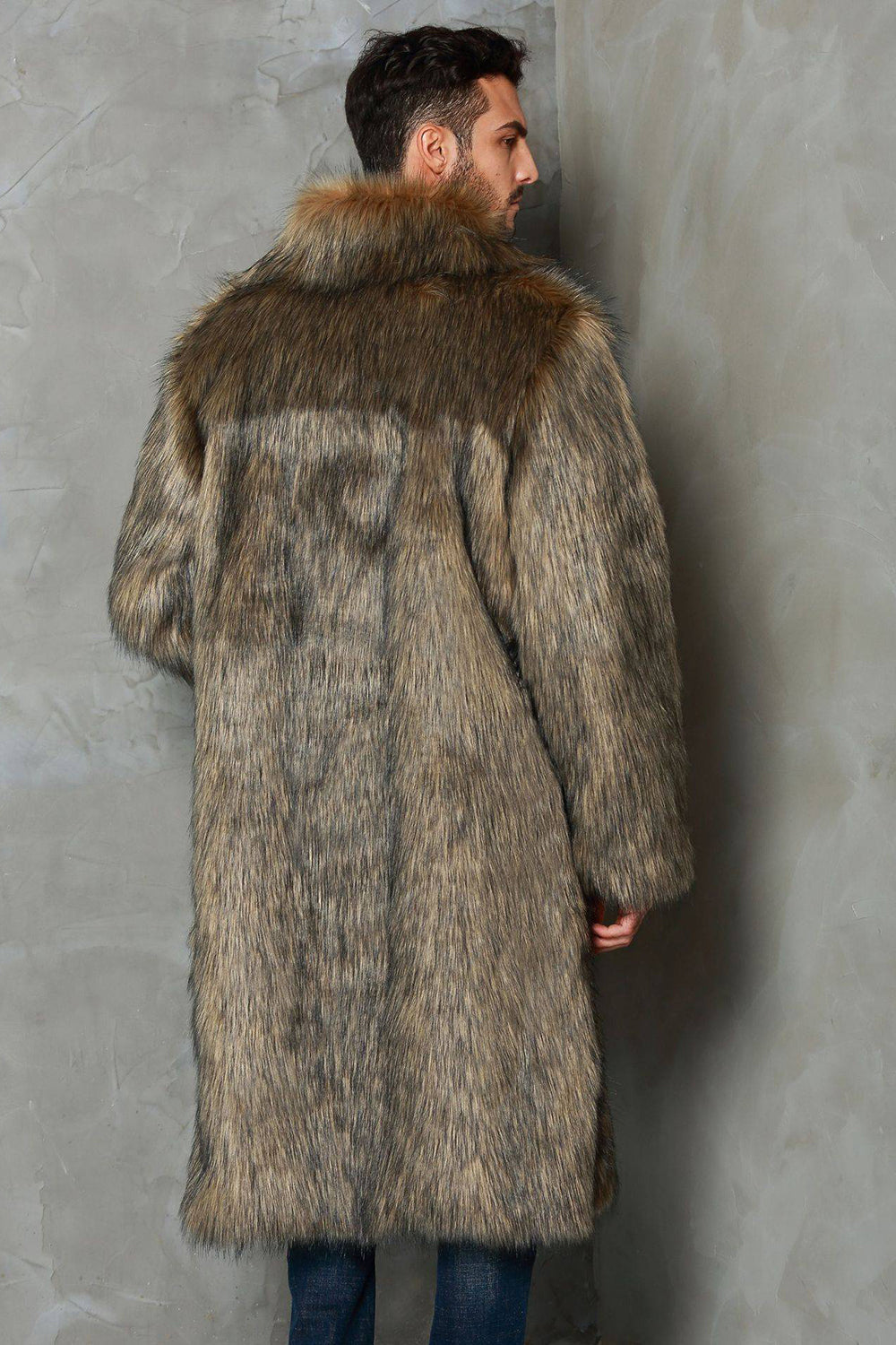 Cappotto da uomo lungo in pelliccia sintetica con collo a bavero marrone