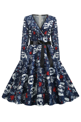 Scollo a V Skull Stampato Navy Halloween Dress