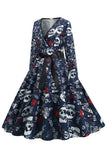 Scollo a V Skull Stampato Navy Halloween Dress
