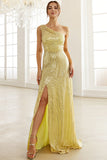 Abito da ballo giallo chiaro con paillettes con spacco