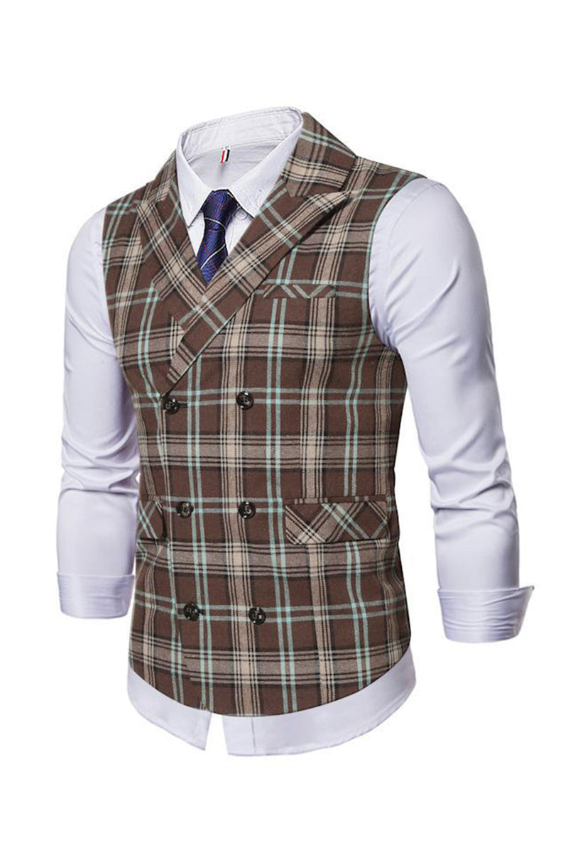 Carica l&#39;immagine nel visualizzatore di Gallery, Lapel Collar Double Breasted Casual Coffee Men&#39;s Suit Check Vest