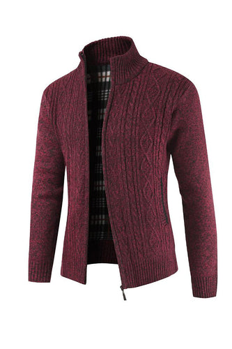 Borgogna uomo casual stand collare cardigan cerniera cavo maglione lavorato a maglia