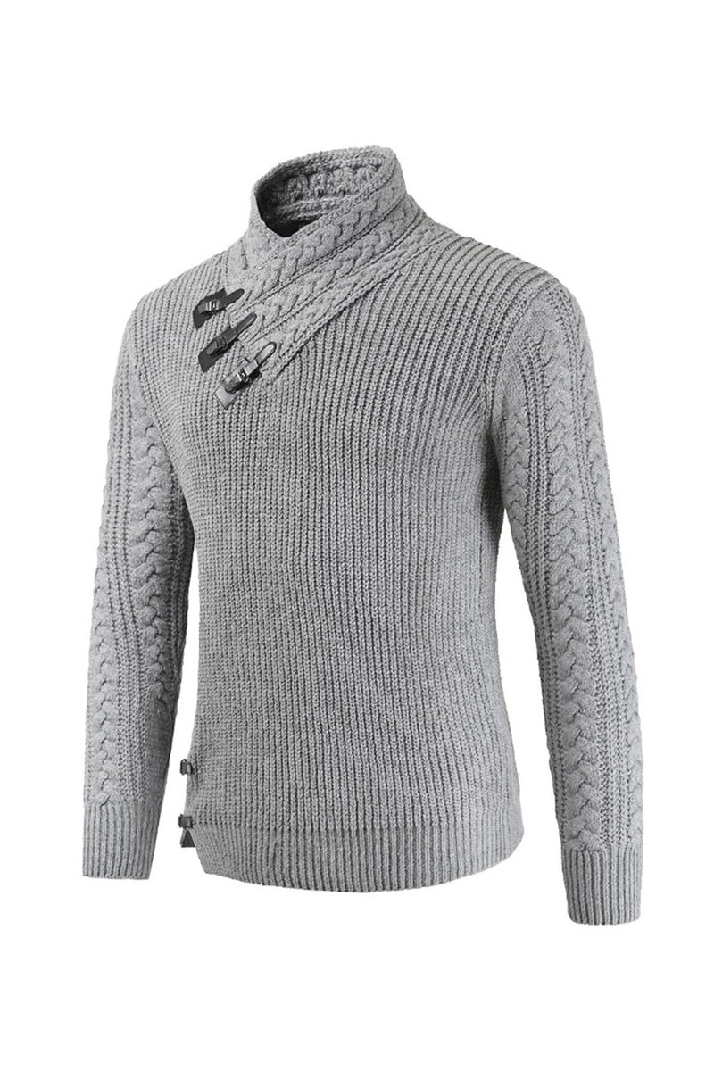 Carica l&#39;immagine nel visualizzatore di Gallery, Maglione pullover a maglia a maglia con fibbia a collo alto grigio casual da uomo