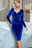 Abito da festa Royal Blue Velvet Bodycon con maniche lunghe