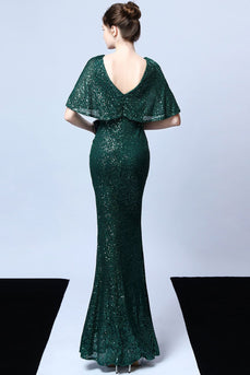 Mermaid V Neck Dark Green Sequins Long Prom Dress con maniche corte