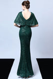 Mermaid V Neck Dark Green Sequins Long Prom Dress con maniche corte