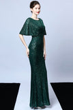 Mermaid V Neck Dark Green Sequins Long Prom Dress con maniche corte