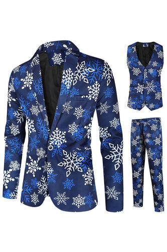 Blu Fiocco di neve stampato 3 pezzi Abiti da festa di Natale da uomo