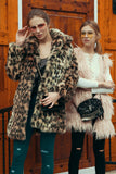 Marrone Leopard Lapel Neck Midi Pelliccia Sintetica Shearling Cappotto