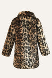 Marrone Leopard Lapel Neck Midi Pelliccia Sintetica Shearling Cappotto