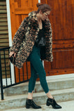 Marrone Leopard Lapel Neck Midi Pelliccia Sintetica Shearling Cappotto