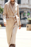 Camel Lapel Collo Bottoni Cinturato Cappotto di Lana