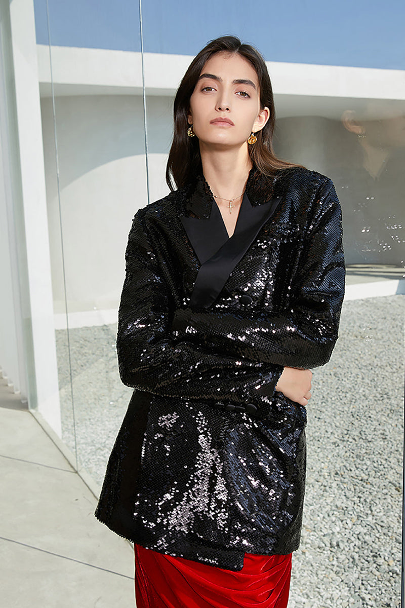 Carica l&#39;immagine nel visualizzatore di Gallery, Sparkly Black Sequins Longline Oversize Prom Blazer Per Donna
