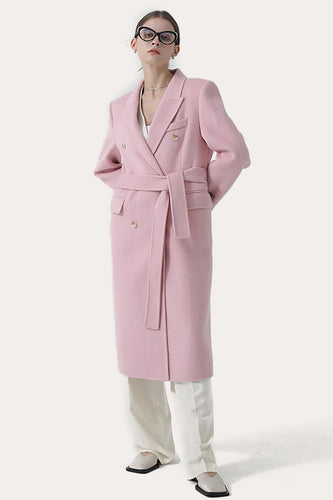 Cappotto lungo da donna in lana rosa con revers a lancia