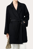 Cappotto donna in lana nera con revers midi con asola con cintura