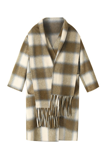 Cappotto da donna in misto lana scozzese oversize oliva con sciarpa