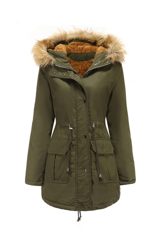 Army Green Fur Collar Coulisse in vita ispessito Mid Coat