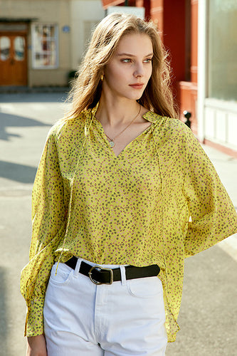 Camicetta da donna in seta oversize floreale gialla