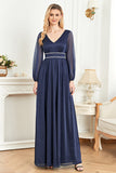 Elegante abito per la madre della sposa blu navy a maniche lunghe