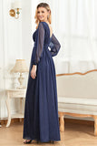 Elegante abito per la madre della sposa blu navy a maniche lunghe