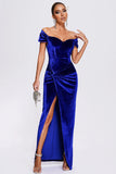 Off the Shoulder Royal Blue Velvet Holiday Party Dress con fessura