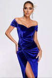 Off the Shoulder Royal Blue Velvet Holiday Party Dress con fessura