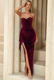 Paillettes senza spalline in velluto Holiday Party Dress con fessura