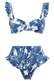 3 Pezzi Blu Stampato Bikini Con Abito da Spiaggia