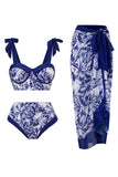 Costume da Bagno Con Abito da Spiaggia Blu Scuro Vita Alta Stampato 3 Pezzi