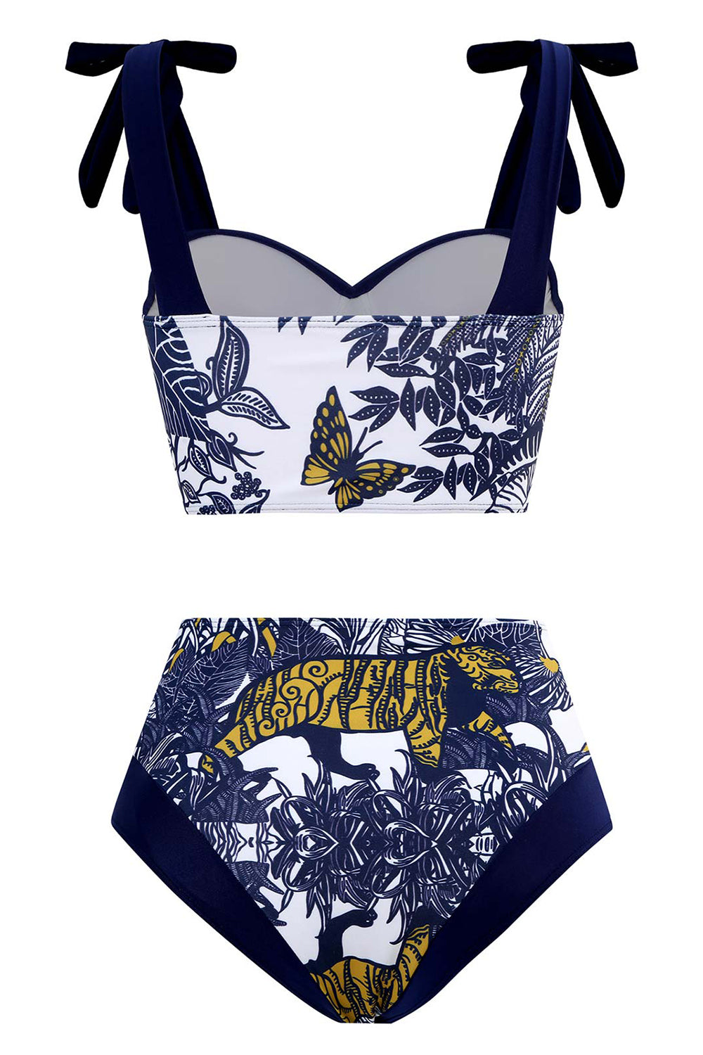 Costume da Bagno Con Abito da Spiaggia Blu Scuro Vita Alta Stampato 3 Pezzi