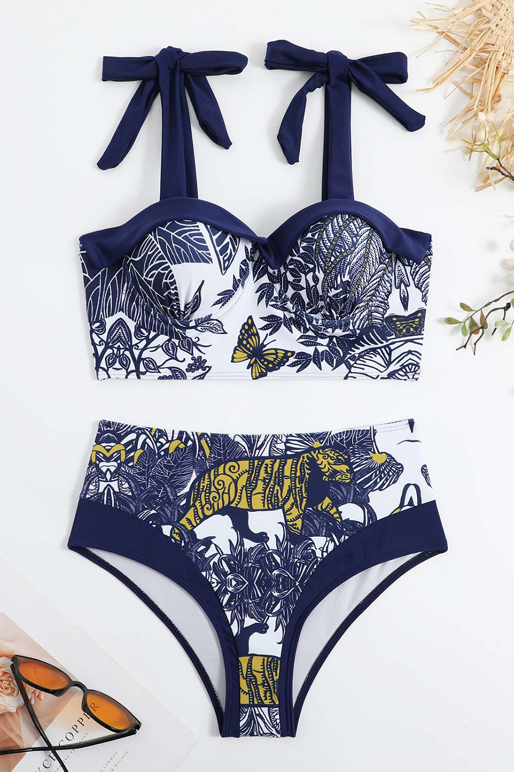 Costume da Bagno Con Abito da Spiaggia Blu Scuro Vita Alta Stampato 3 Pezzi