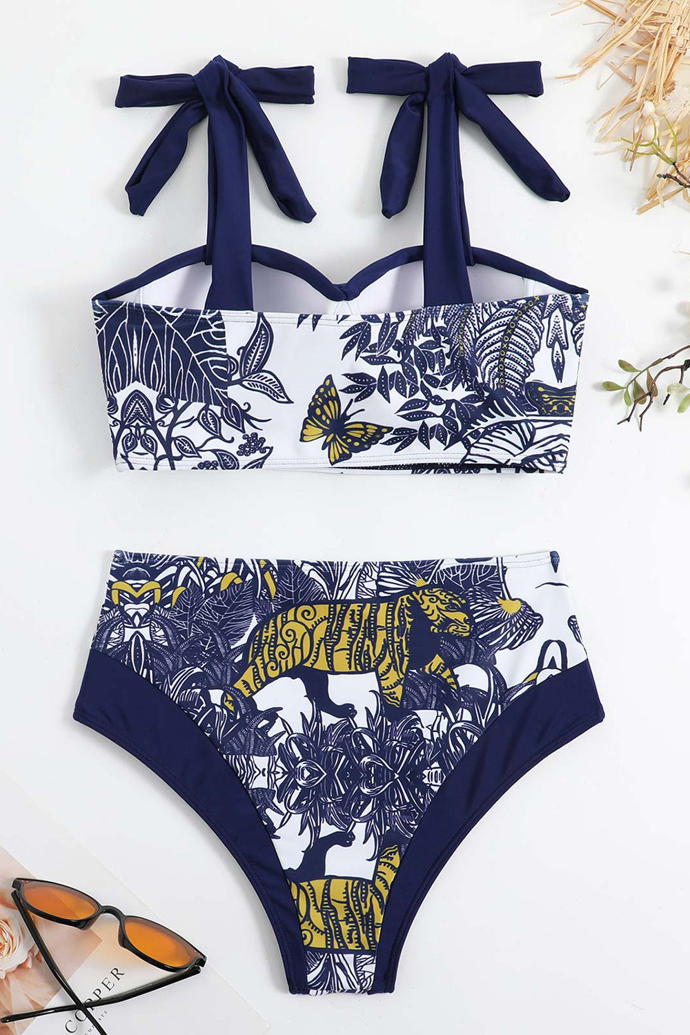 Costume da Bagno Con Abito da Spiaggia Blu Scuro Vita Alta Stampato 3 Pezzi