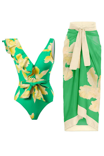 Verde Stampato Costume da Bagno Con Gonna da Spiaggia