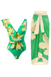 Verde Stampato Costume da Bagno Con Gonna da Spiaggia