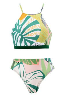 Set di bikini stampato verde a due pezzi con gonna da spiaggia