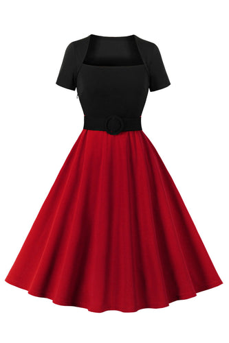 Retro stile scollo quadrato borgogna 1950 vestito