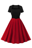 Retro stile scollo quadrato borgogna 1950 vestito