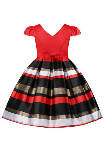 A Line V Neck Red Girl Dress with Cap Sleeves