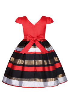 A Line V Neck Red Girl Dress with Cap Sleeves