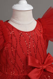 A Line Jewel Neck Red Girl Dress with Bowknot