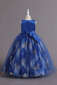 Vestito blu di raso della ragazza del fiore con perline