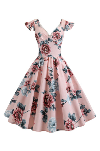Altalena rosa floreale stampato 1950s vestito