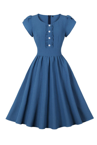 Blue Plaid Swing 1950s Dress con volant