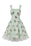 Vestito verde Plaid Swing 1950s con stampa floreale
