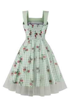 Vestito verde Plaid Swing 1950s con stampa floreale