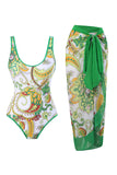 Costume da bagno a vita alta stampato verde con gonna da spiaggia